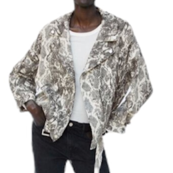 Zara oversized black beige snake print python jacquard moto bike jacket M - Picture 3 of 17